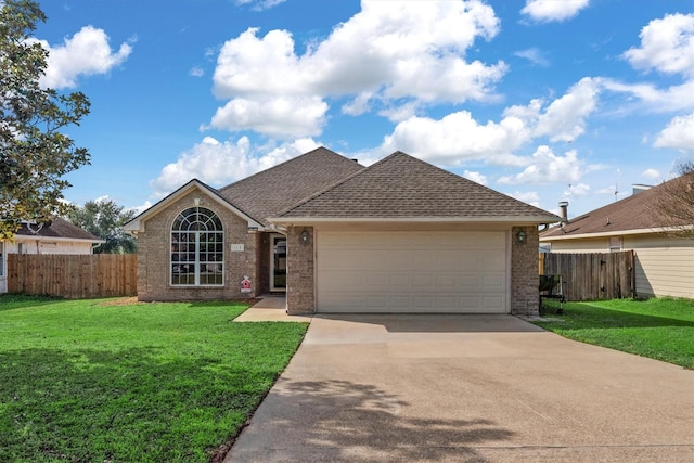 ranch-style home featuring a garage and a front lawn