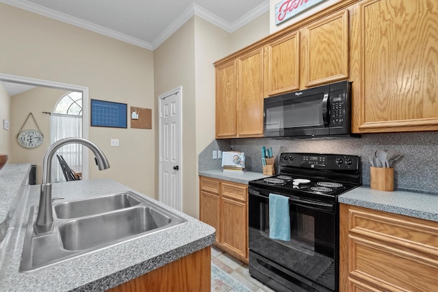 kitchen with ornamental molding, sink, backsplash, and black appliances