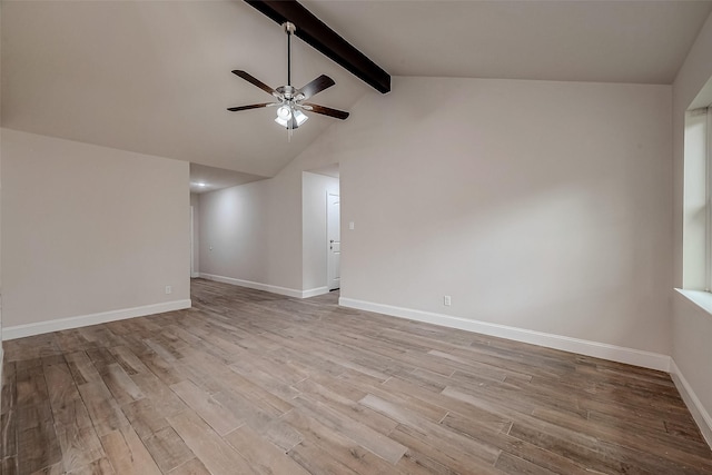 empty room featuring light hardwood / wood-style flooring, lofted ceiling with beams, and ceiling fan