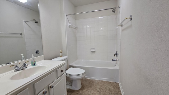 bathroom with a textured wall, toilet, shower / bath combination, vanity, and tile patterned floors