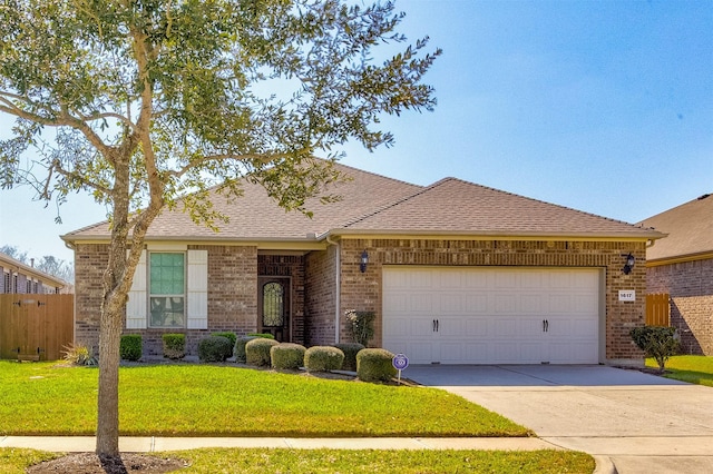 ranch-style house featuring an attached garage, brick siding, driveway, roof with shingles, and a front yard