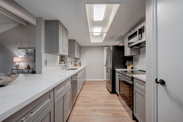 kitchen with tasteful backsplash, sink, gray cabinetry, light hardwood / wood-style floors, and stainless steel appliances