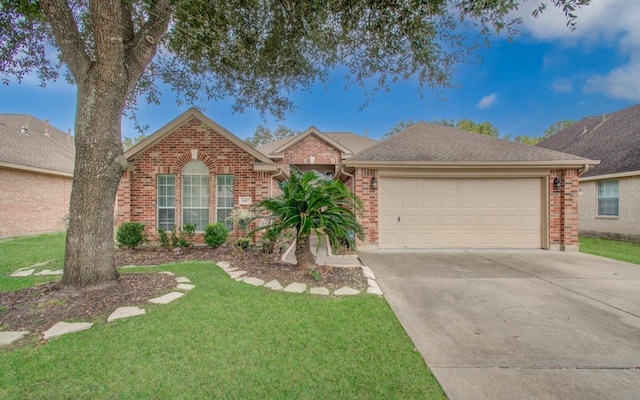 single story home featuring a garage and a front yard