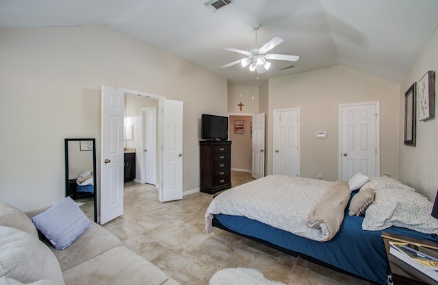 bedroom with ceiling fan and lofted ceiling