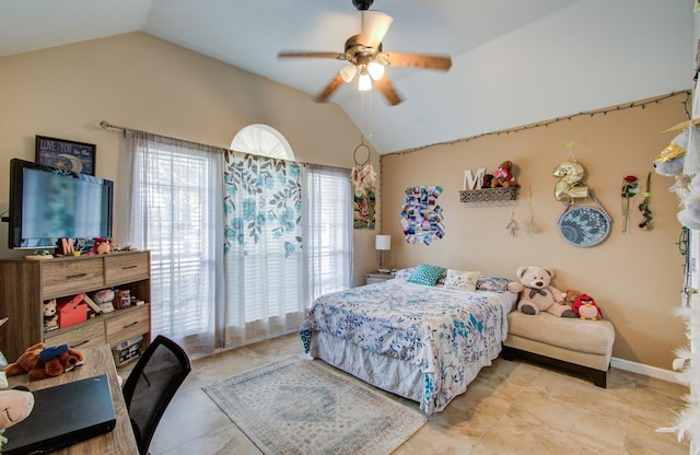 bedroom featuring lofted ceiling and ceiling fan