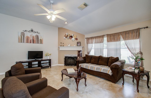 living room with lofted ceiling, a fireplace, and ceiling fan