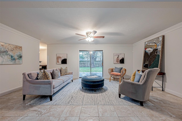 tiled living room with ceiling fan, ornamental molding, and a textured ceiling