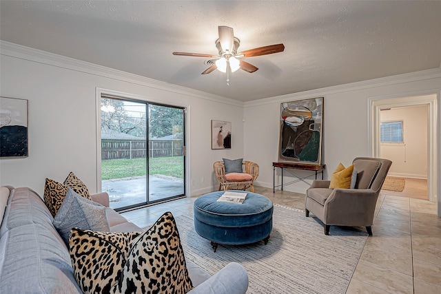 living room featuring light tile patterned floors, crown molding, a textured ceiling, and ceiling fan