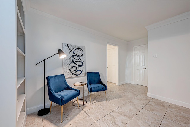 living area featuring ornamental molding and light tile patterned flooring