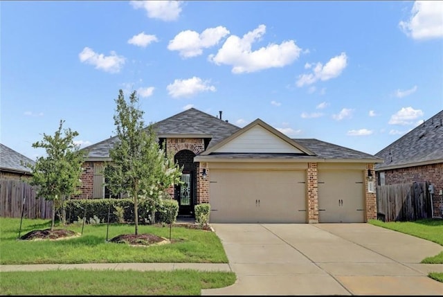 view of front of home with a front yard and a garage