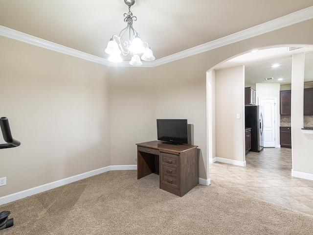 unfurnished office with crown molding, light colored carpet, and a chandelier