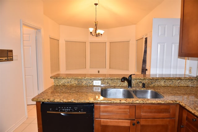 kitchen featuring light tile patterned flooring, decorative light fixtures, black dishwasher, sink, and light stone counters