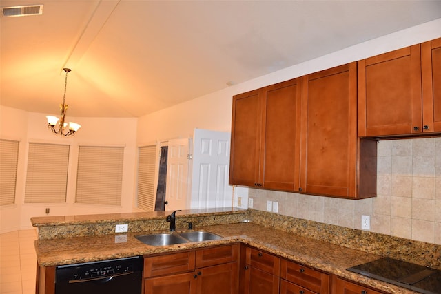 kitchen featuring sink, an inviting chandelier, black appliances, decorative backsplash, and decorative light fixtures