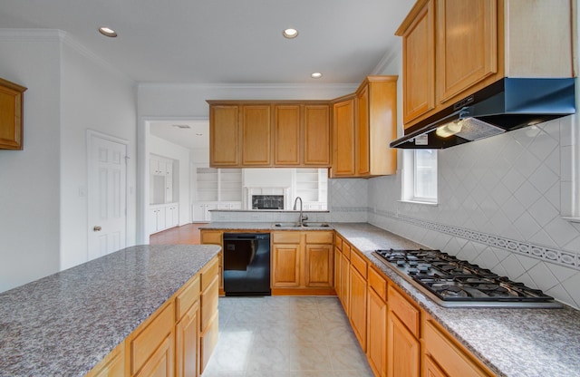 kitchen with sink, dishwasher, backsplash, ornamental molding, and stainless steel gas stovetop