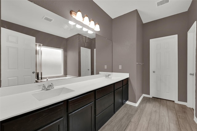 bathroom with hardwood / wood-style flooring and vanity