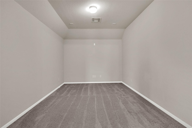 carpeted spare room with vaulted ceiling and a textured ceiling