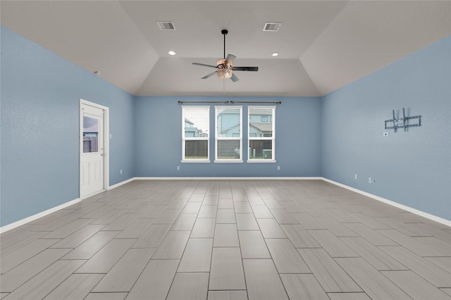 unfurnished room featuring lofted ceiling, ceiling fan, and light hardwood / wood-style flooring