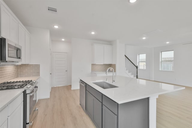 kitchen with sink, a center island with sink, appliances with stainless steel finishes, gray cabinets, and white cabinets