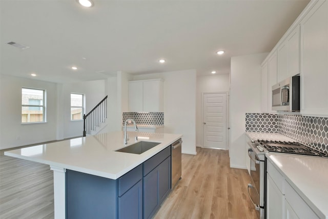 kitchen featuring stainless steel appliances, white cabinetry, sink, and a center island with sink