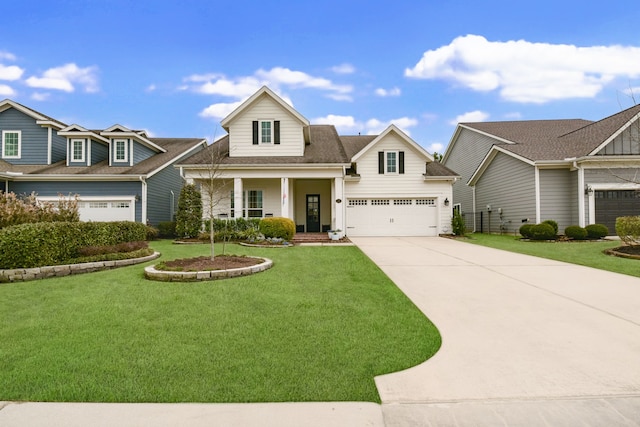 view of front of house with a porch, a garage, and a front yard