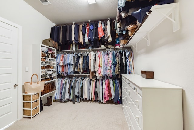 walk in closet with light colored carpet