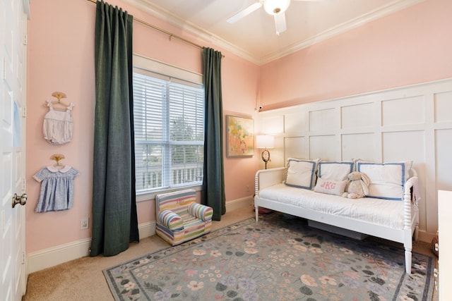 interior space featuring ornamental molding and ceiling fan