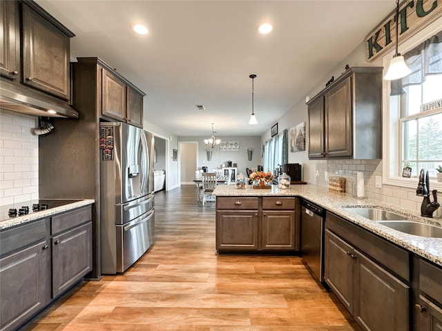 kitchen featuring pendant lighting, sink, appliances with stainless steel finishes, dark brown cabinets, and kitchen peninsula