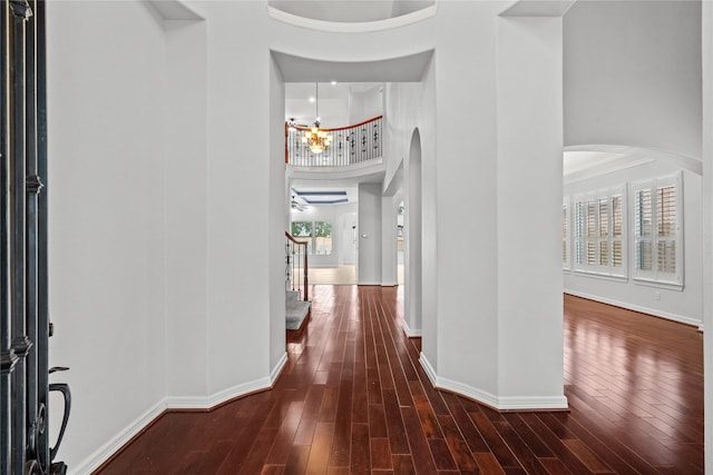 foyer entrance with an inviting chandelier, a towering ceiling, and dark hardwood / wood-style floors