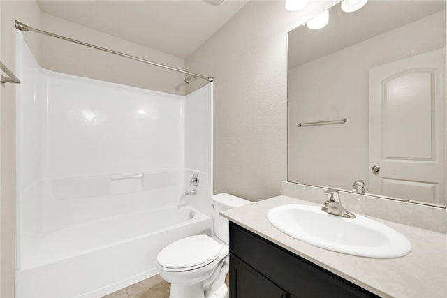 full bathroom with toilet, shower / tub combination, tile patterned flooring, and vanity