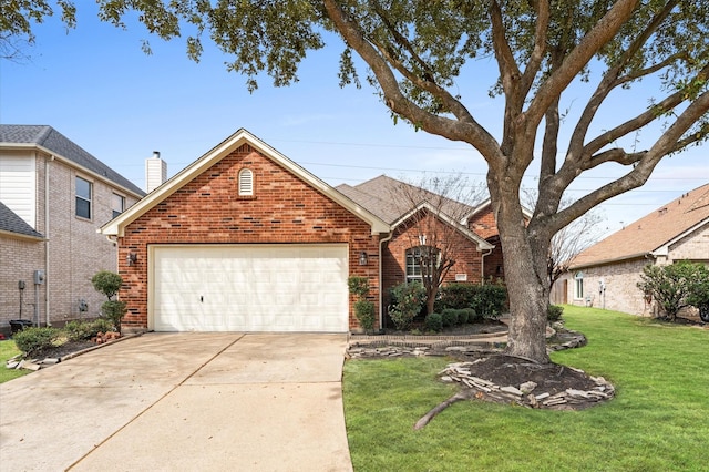 view of front of house with a garage, a front yard, brick siding, and driveway