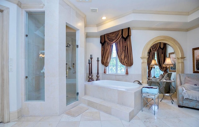 bathroom featuring crown molding and plus walk in shower