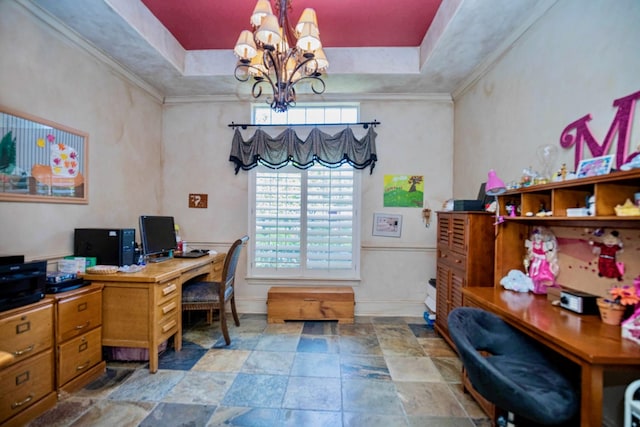 home office with a tray ceiling, plenty of natural light, ornamental molding, and a chandelier