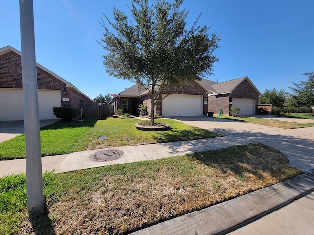 ranch-style home with a garage and a front lawn