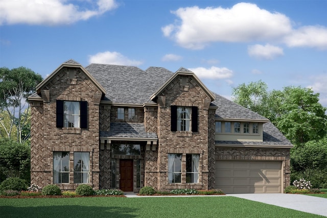 view of front facade featuring roof with shingles, a front yard, brick siding, and concrete driveway