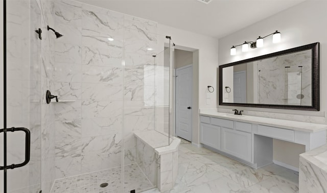 278 Peninsula Point Dr, Montgomery, TX 77356 - bathroom with marble finish flooring, a marble finish shower, and vanity