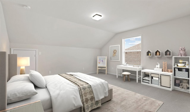 carpeted bedroom featuring vaulted ceiling