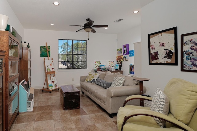 living room with ceiling fan