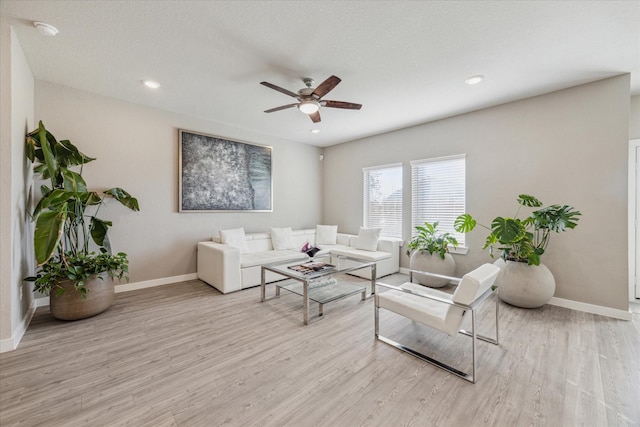 living room with ceiling fan and light hardwood / wood-style flooring