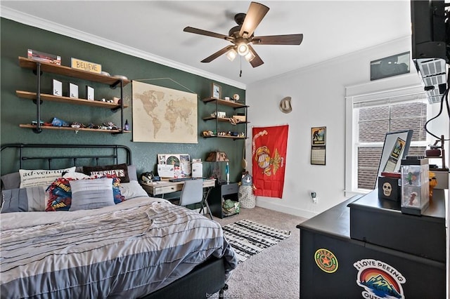 bedroom featuring ornamental molding, carpet, and ceiling fan