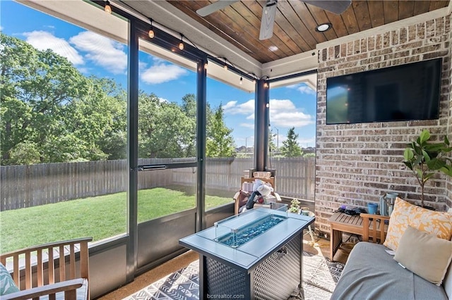 sunroom featuring wooden ceiling and ceiling fan