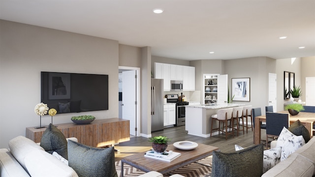 living room with dark wood-type flooring