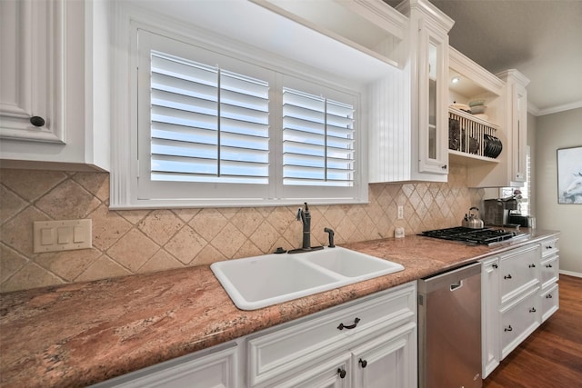 kitchen featuring white cabinetry, sink, crown molding, and appliances with stainless steel finishes