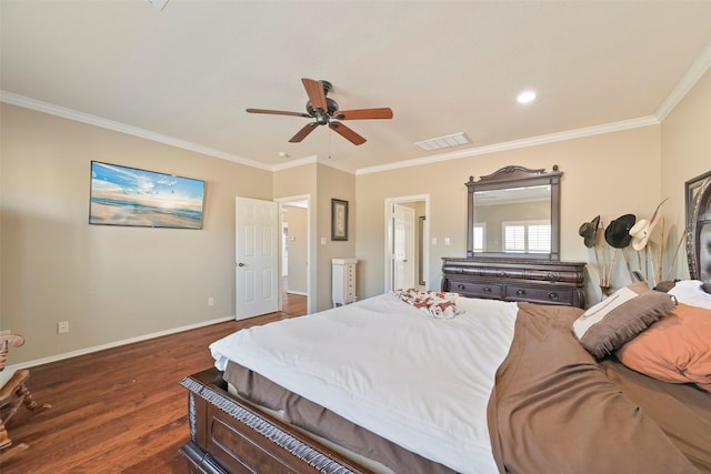 bedroom with crown molding, ceiling fan, and dark hardwood / wood-style flooring