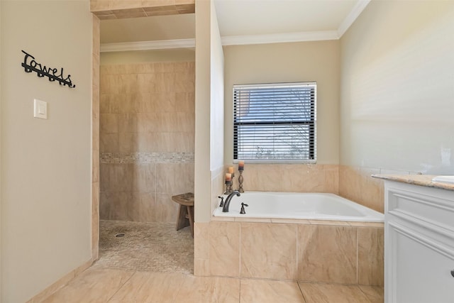 bathroom featuring vanity, ornamental molding, and shower with separate bathtub