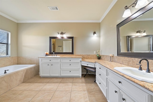 bathroom featuring vanity, tile patterned flooring, ornamental molding, and tiled bath