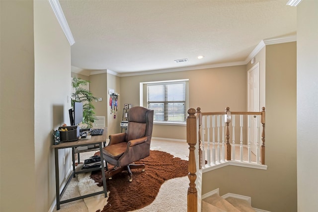 sitting room featuring light carpet, ornamental molding, and a textured ceiling