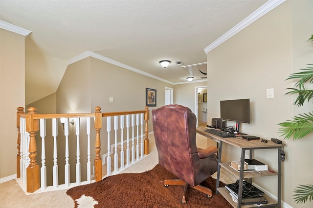 office with ornamental molding, light carpet, and a textured ceiling