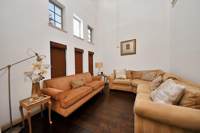 living room with a towering ceiling and dark hardwood / wood-style flooring