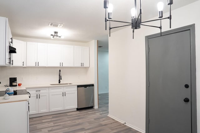 kitchen with sink, stainless steel dishwasher, light hardwood / wood-style floors, decorative backsplash, and white cabinets