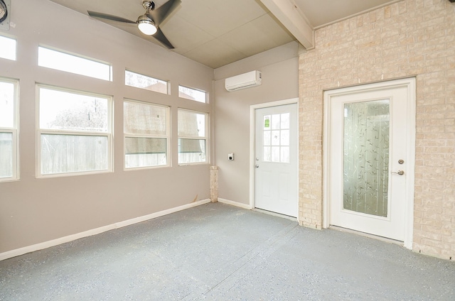 spare room with ceiling fan, brick wall, a wall mounted AC, and beam ceiling